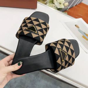 With Box Embroidered Fabric prad Slides Slippers Black Beige Embroidery Mules Womens Home Flip Flops Casual Sandals Summer Flat Slide Rubber Sole 35-41