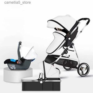 Passeggini # Passeggino 3 in 1 Passeggino in pelle PU bianca Carrozzina con seggiolino auto Passeggino neonato di lusso ad alto paesaggio pieghevole Q231116