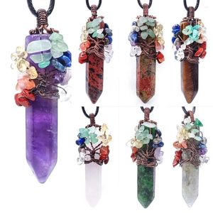 Colares Pingente Reiki Chakra Árvore da Vida Cristal Colar Natural Quartzo Pedra Handmade Fio Envolto Hexagonal Jóias Para Mulheres Homens