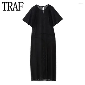 Abiti Casual Abito in rete nera Donna Tulle semitrasparente Lungo donna estate manica corta Midi 2023 Trasparente Sexy