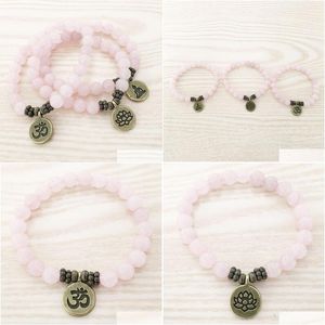 Beaded Sn1107 Genuine Rose Quartz Bracelet Antique Brass Om Buddha Lotus Charm Best Gift For Her Drop Delivery Jewelry Bracelets Dhmhk