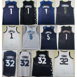 Сшитые городские баскетбольные майки Карла-Энтони Таунса 32 Энтони Эдвардса 5 Мужская команда для ассоциации спортивных болельщиков Дышащая заработанная рубашка темно-синего, белого, черного цвета