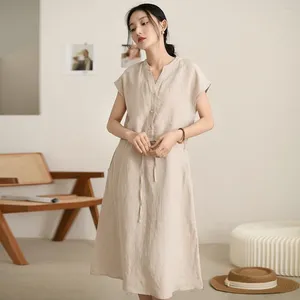 Casual Dresses Johnature Women Vintage Linen Belt Summer Dress V-Neck Sleeveless Solid Color Clothes 2023 A-Line