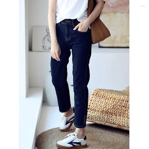 Jeans femininos micoco n6617c versão coreana de casual marca de couro enrugado magro cintura alta tubo reto nove minutos