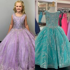 Sparkly Baby Girls Pageant Dress 2023 Aqua Lilac Kid Birthday Party Gown Flower Girl Wedding Guest Outfit Toddler Princess Christmas Cracked Iced Glitter Shimmer