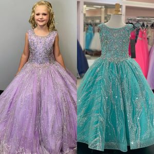 Sparkly Baby Girl Pageant Dress 2023 Aqua Lilac Kindergeburtstag Partykleid Blumenmädchen Hochzeitsgast Outfit Kleinkind Prinzessin Weihnachten Cracked Iced Glitter Shimmer