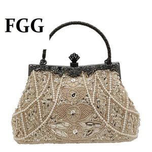 Sacos de noite Boutique de FGG Mulheres Vintage Champagne Frisado Bolsas Bolsas De Casamento Senhoras Cocktail Party Beading Clutch 231115