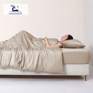 寝具セットLivesthete Women 100 Silk Set Shampagne Gold Flat Sheet Pillowcases Queen King Duvet Cover Bed Sets for Sleep 231115