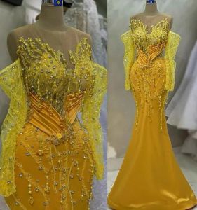 2023 Gold Evening Dresses Long Sleeves Lace Applique Beaded Mermaid Off the Shoulder Satin Custom Made Floor Length Formal Occasion Wear Arabic Prom Gown vestidos