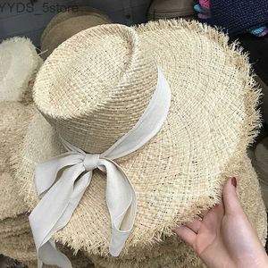 Wide Brim Hats Bucket Hats Natural Women Sun Hat Raffia Long Black Beige Ribbon Tie Sun Beach Hat Ladies Fringed Wide Brim Str Hat Summer Travel Hat Cap YQ231116