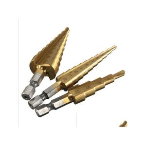 Borrbitar 3 st/set HSS Titanium Coated Step Drill Bit för metall 3-12mm 4-12mm 4-20mm höghastighetsstål träborrning droppleverans Hom DHQXB