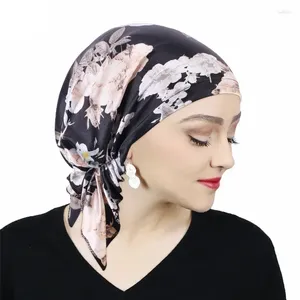 Scarves Print Satin Women Bandana Headband White Floral Muslim Hijab Scarf Hair Tie Hat Elastic Turban Flower Bonnet