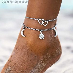 Anklets Two Layers Chain Heart Moon Sun Gold Silver Color Anklets For Women Bracelets Summer Barefoot Sandals Jewelry On Foot LegL231116