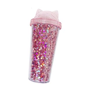 Cat Ear Flashing Double Layer Cup Cute Cartoon Creative Plastic Cups Tumbler Sequin Juice Wine Bottle With Straw Gift Cup Copa Intermitente De Doble Capa