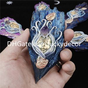 Magic Blue Purple Aura Tourmaline Feather Peathimen Craft Crafts Ręcznie robana Guardian Bogini Titanium Coated Tourmaline Amethyst Crystal Mineral Reiki Reiki