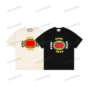 Xinxinbuy Men Designer Tee Tシャツ23SSパリチェストレッドストライプレタープリント半袖コットン女性ブラックアプリコットXS-2xl