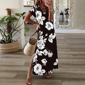 Casual Dresses Loose Floral Print Plus Size Summer Womens For Teens Slits Kort ärmar Lång klänning Kvinnlig Robe Beach Ladies kläder