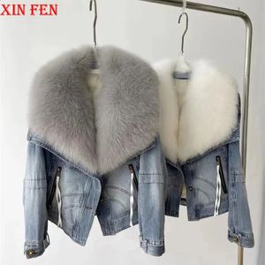 Womens Fur Faux European Winter Luxury Fox Big Collar Denim Down Jacket Short Casual White Goose Warm Women Parka 231116