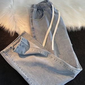 Women's Jeans Summer Thin Women's Jeans Fashion Elastic Waist Burrs Drawstring Straight Denim Pants Simple Preppy Style All-match Trousers 230417