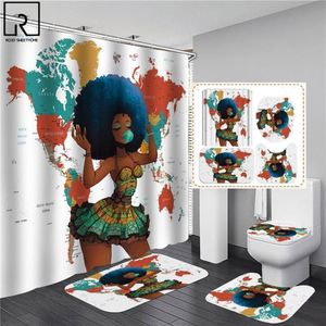 Zasłony prysznicowe afrykańskie kobiety z bąbelkową zasłoną czarna dziewczyna 3D w łazience haczyki maty zestaw dywanów dekoracje domu189u