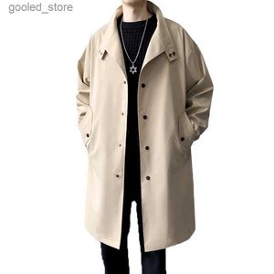 Trench maschile Trench Long Trench Men Classic British Windbreaker Autunno Casual Stand Trench Long Coat Men Grey Beige Black Long Coat Men Q231118