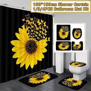 4PCS Set Sunflower Butterfly Print Shower Curtain Waterproof Bathroom Curtain Toilet Cover Mat Non-Slip Rug Set Bathtub Decor LJ20351w