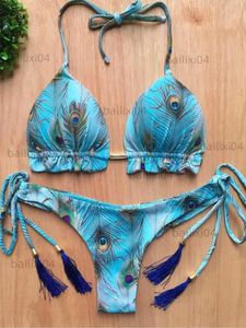 Momada de banho feminina RUOTONGSEPT Sexy Micro Bikinis Conjunto 2022 New Swimsuit Women Feather Print Bandage Apró feminina Terno de banho Bilia