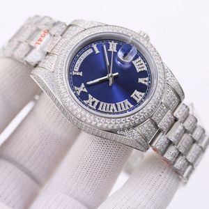 Fashion Blue Dial Diamond Watch Classic Mens Watches Mechanical Movement Self Winding Clock Casual Business Wristwatch Orologio Di Lusso