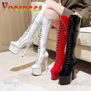 Boots Rom Style Pole Dance Women Shoes Nightclub Patent Leather Round Toe Knee High Boots Super High Heel 17cm Zip Lace-up Long Boots T231117