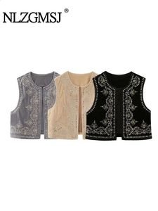 Womens Vests Nlzgmsj TRAF Wmen Vintage O Neck Sequins Flower Embroidery Short Vest Jacket Ladies Sleeveless Casual Velvet WaistCoat Tops 231116