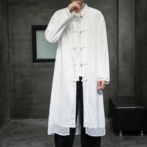 Herrgravrockar Autumn Men White Linen Trench Coat 2022 Mens Loose Long Chinese Type Cotton Windbreaker Man Mandarin Collar Cardigan Robe Q231118