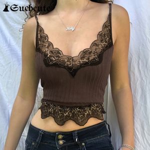 Kadın Tankları Camis Shewlute Goth Estetik Dantel Patchwork Tank Tops Kadınlar İçin Seksi Vneck Brown Retro Crop yaz 90'lar Moda Kırış Camisole 230417