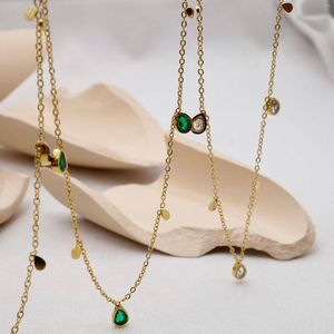 Catene Elegante e versatile Goccia d'acqua Collana in acciaio inossidabile con zirconi Ciondolo verde smeraldo Non sbiadisce Placcato oro 18 carati per le donne