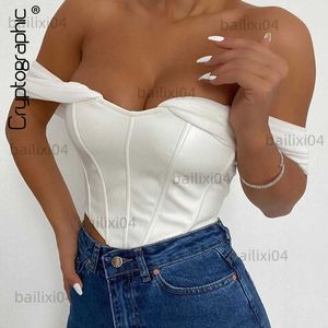 Kvinntankar Camis Cryptographic Pu Leather Sexy Bustier Corset Top Off Shoulder Chiffon White Strapless Female Top Croped Tops Women Clothes T230417