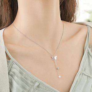 Chains Hollow Butterfly Pearl Tassel Silver Color Handmade Clavicle Chain Necklace For Women Korean Simple Dainty Jewelry SN2430