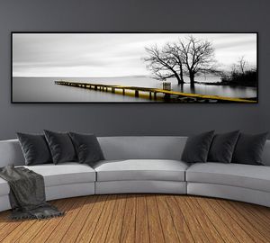 Calm Lake Surface Long Yellow Bridge Scene Black White Canvas Paintings Poster Prints Wall Art Pictures Living Room Home Decor8406586