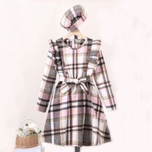 Mädchenkleider Herbstkleid für Kinder, Mädchen, 8–11 Jahre, braun, rosa, kariert, langärmelige Baskenmütze für elegante Ferien, Urlaub 231117