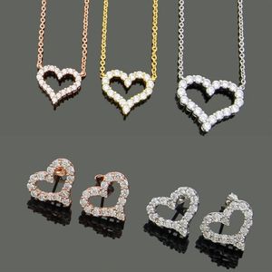 Designer Jewelry Women Diamond Heart Pendant Necklaces Rose gold Earrings Suits Never Fading Stainless Steel 3 Colors Silver Golde312d