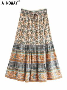 Kjolar vintage chic hippie kvinnor blommor påfågel tryckt hög midje strand bohemiska kjolar damer rayon bomull a-line midi boho koho kjol 230417