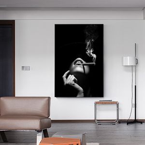 Elegant Lady Wall Art Canvas Painting Poster and Prints Smoking Cigar Women Picture Canvas Art for Livingroom Home Decoration