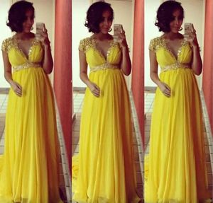 2023 Långa brudtärklänningar Eleganta aftonklänningar för gravida kvinnor Cap Sleeve Lace Chiffon Yellow Prom Eccase Dresses