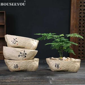 Planters Pots Non-porous Hydroponic Plant Flowerpot Creative Retro Stoneware Copper Money Grass Green Flower Handwritten Ceramic Bonsai YQ231117