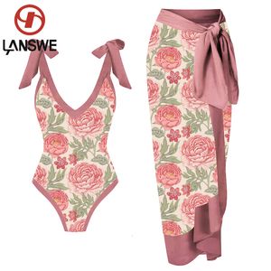 Swim wear LANSWE Retro Print Deep V Peony OnePiece Swimsuit OnePiece Women Smock Swimwear TwoPiece Suit Summer Beach Wear Brazil 230417