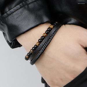 Bangle 2023 Hand Braided Leather Stainless Steel Natural Tiger Eye Stone Bracelet Volcanic Beaded Men's