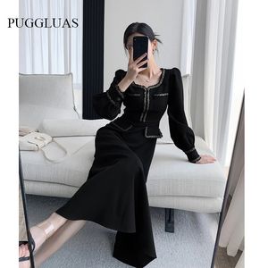 Urban Sexy Dresses Fashion Black Dress Women Autumn Long Sleeve Mididress Ladies Square Neck Franska Retro Skinny Slim Elegant Evening Dresses 231117