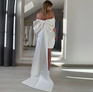 2024 Einfaches kurzes Hochzeitskleid, abnehmbarer großer Bogen aus der Schulter, einfache Strand-Brautparty-Kleider, niedliche Brautkleider, Vestido De Noiva