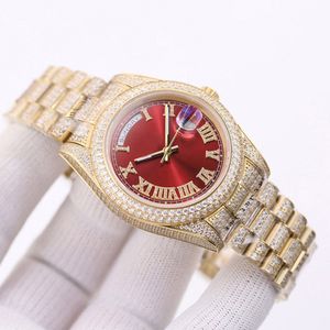 Klassisk herrklocka 41mm röd urtavla guld diamant rem mekanisk rörelse automatiska klockor par armbandsur casual affärsklocka orologio di lusso