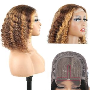 Indian Raw Virgin Hair 4x4 Lace Closure Bob Wig Remy 100% ludzkie włosy P4/27 4x4x1 Peruki fortepian Kolor Kinky Curly 10-16 cala