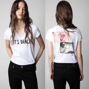 23 Erken İlkbahar ve Yaz T-Shirts Zadig Voltaire Moda Kısa Kol Ön Mektup Geri Dijital Baskı Dil Öpücüğü U Yağ Kısa Kollu Tişört Kadınlar