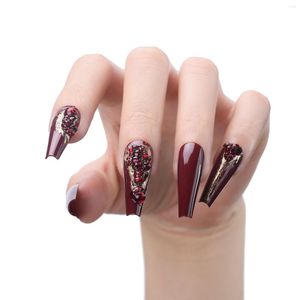 Falska naglar Golden Red Rhinestone Bourgogne Design Extra Coffin Fake Luxury Diamond Crystal Gothic Press On Nail Gel